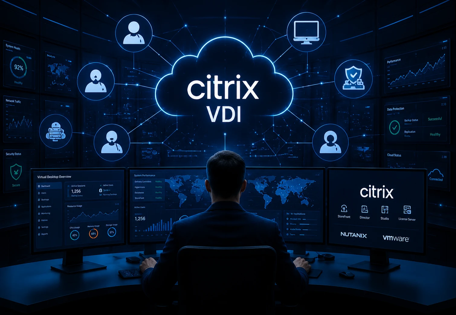 Futuristic VDI control room setup